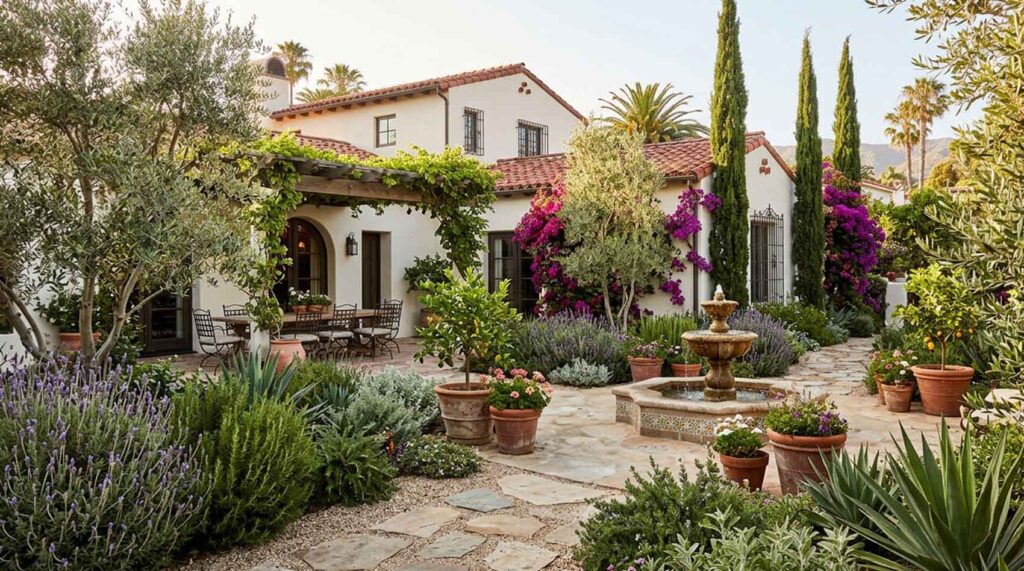 Mediterranean-style residential garden illustrating Southern California landscape design.